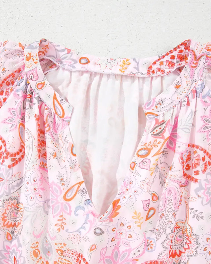 Lantern Sleeve Printed V-Neck Blouse