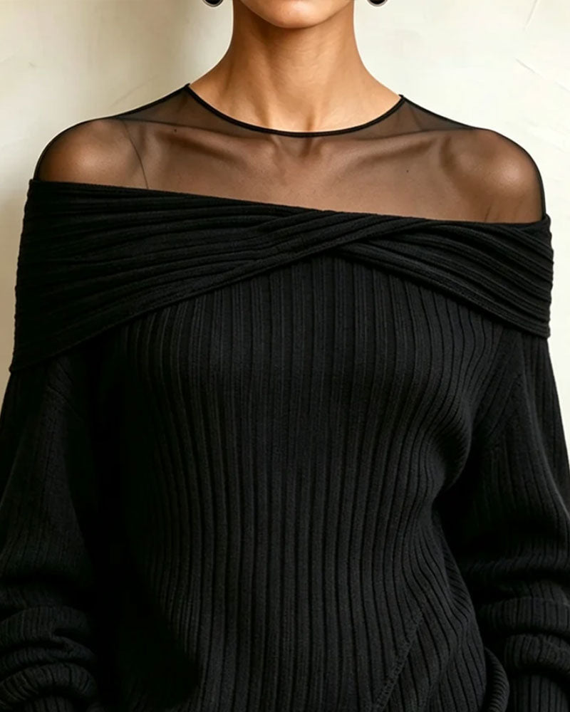 Off-Shoulder Asymmetric Mesh Pullover