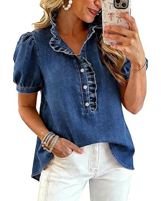 Button Up Ruffle Denim Blouse