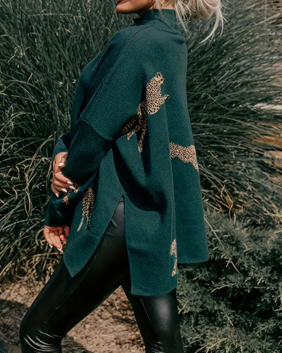 High-Neck Loose Leopard Jumper