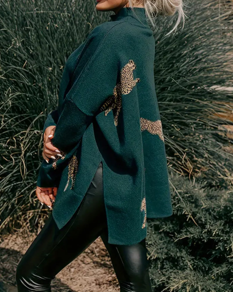 High-Neck Loose Leopard Jumper