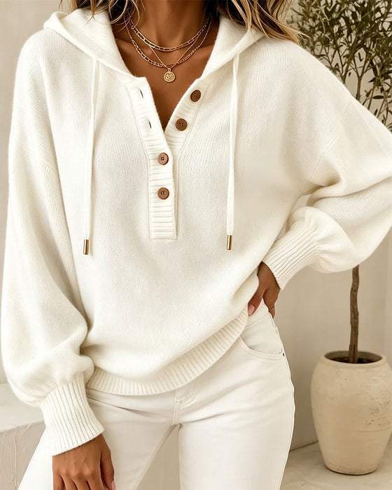 Hooded Button Lantern Sleeve Drawstring Sweater Pullover