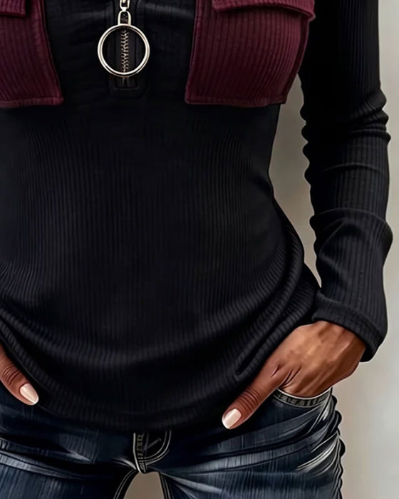 Color Block Half Zip Hooded Fashion Top