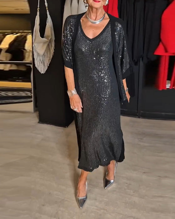 Fashion solid color sequined V-neck slit dress set