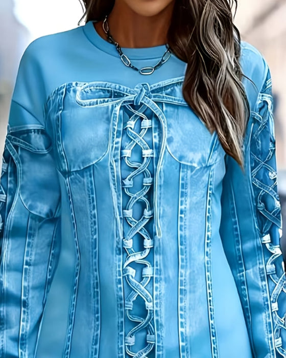 Tie Crew Neck Long Sleeve Dress