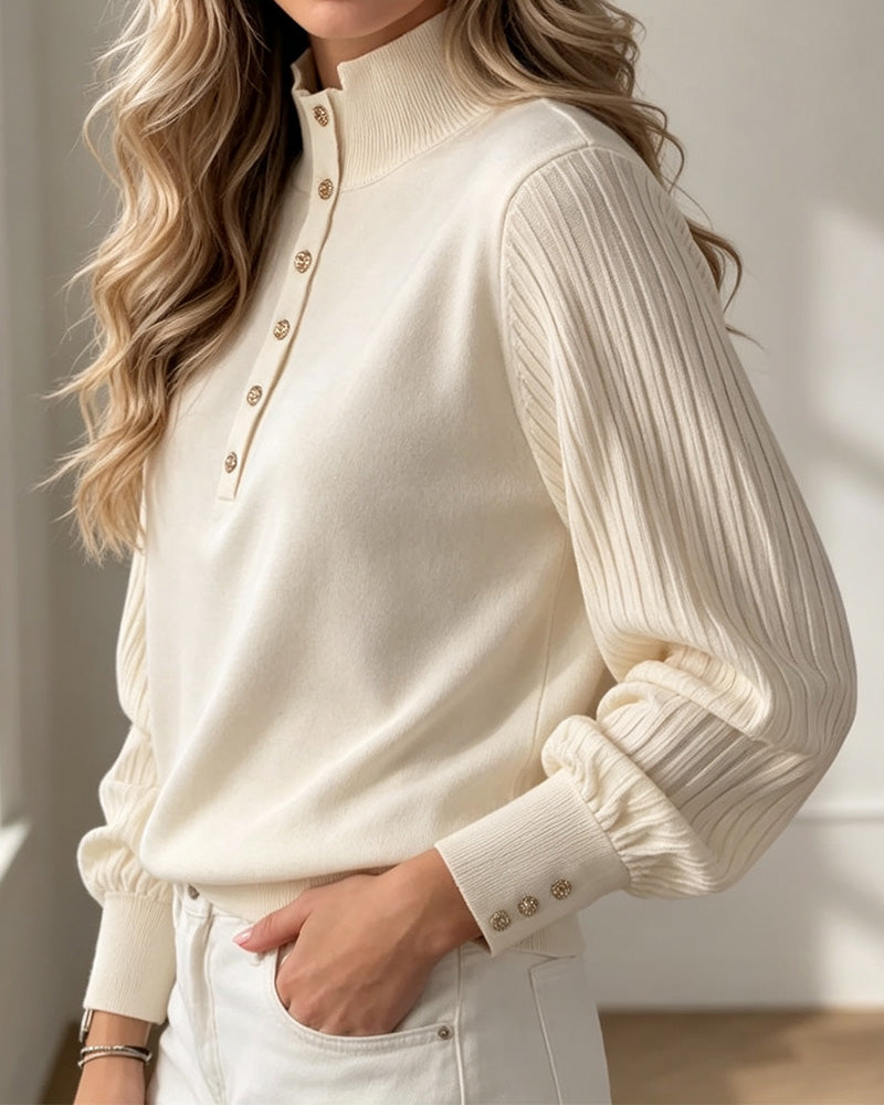 Turtleneck Button Ribbed Puff Sleeve Sweater Pullover