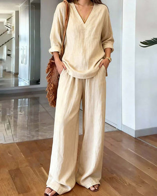 V‑Neck Solid Long‑Sleeve Wide‑Leg Set