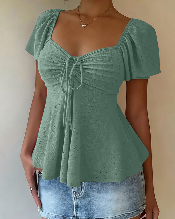 Hollow-Out Drawstring Short Sleeve Solid Color Blouse