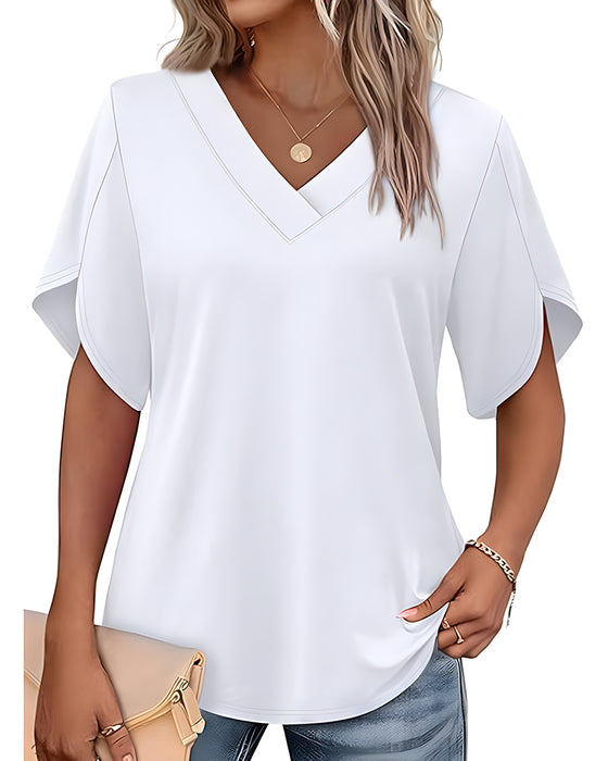 V-Neck Small Slit Short Sleeve Solid T-Shirt