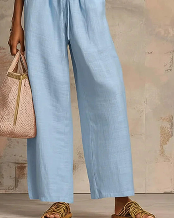 Zipper Crewneck Top Wide Leg Pants Two-Piece Sets