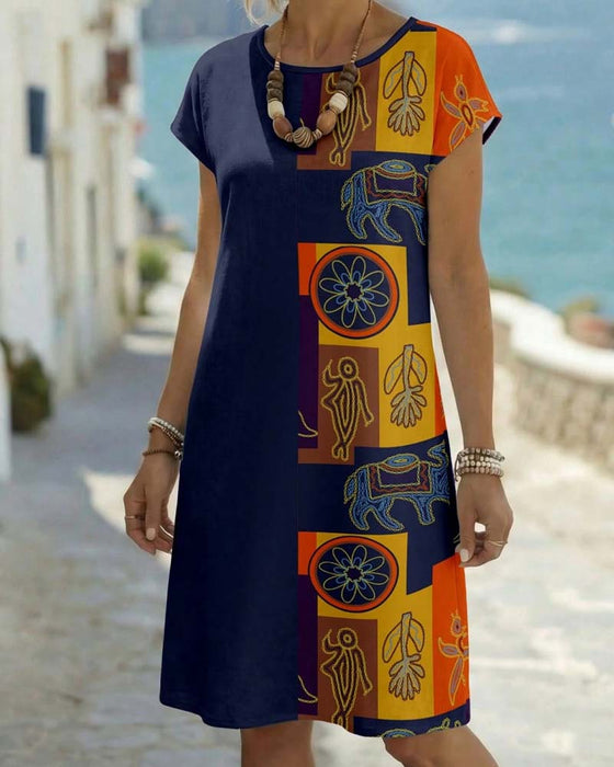 Ethnic Print Short-Sleeve Straight Dresses