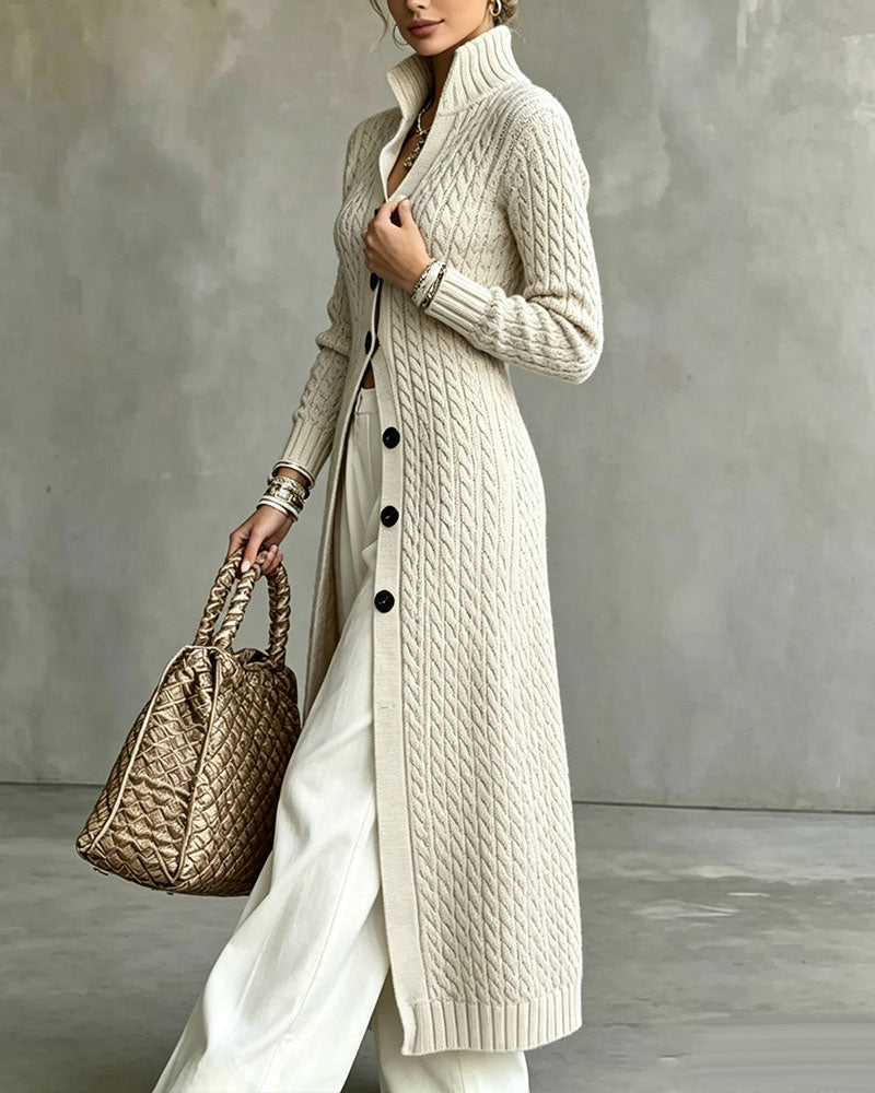 Stand Collar Cable Button Long Cardigan