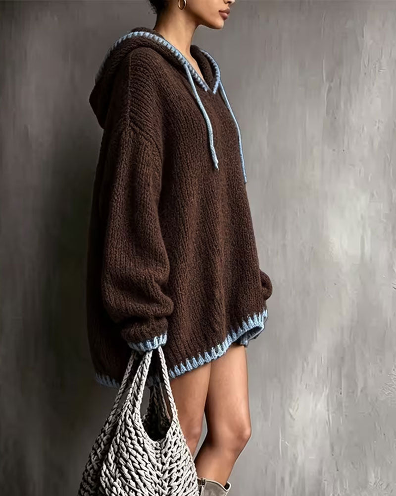 Contrast Drawstring Hooded Sweater Dress
