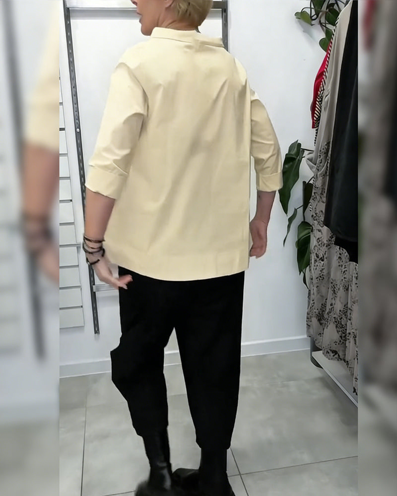 100% Cotton Wide-Collar Solid Color Casual Blouse