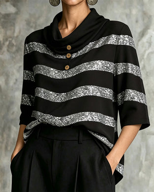 Geometric Stripe Cinched Waist Drawstring Blouse