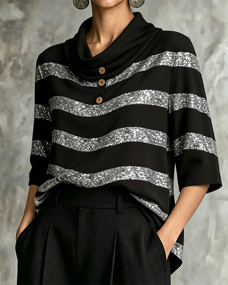 Geometric Stripe Cinched Waist Drawstring Blouse