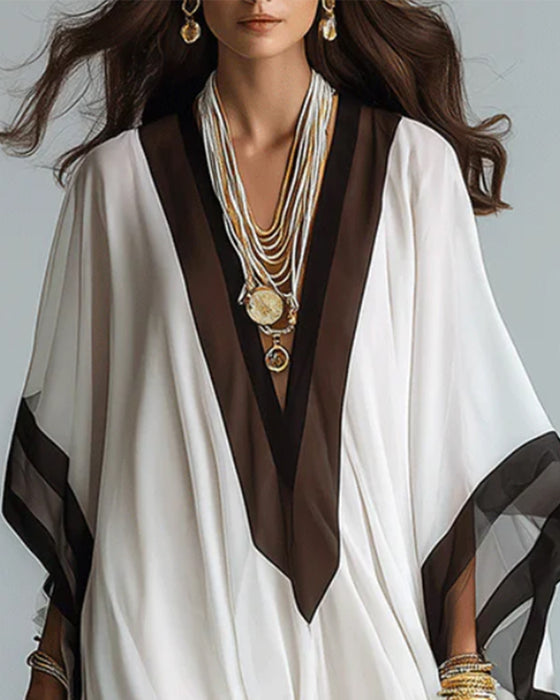 Deep V Batwing Sleeve Color Block Irregular Long Dress