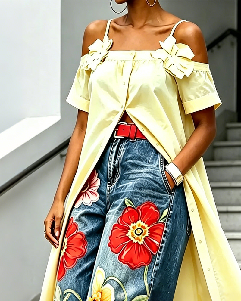 Thin Strap Cold Shoulder Long Long Blouse