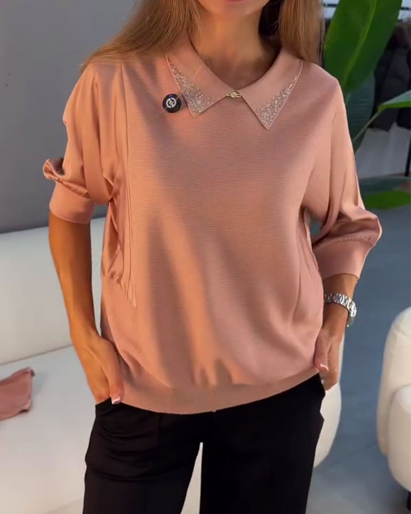 Lapel Elbow-Length Sleeve Knit Elegant Pullover
