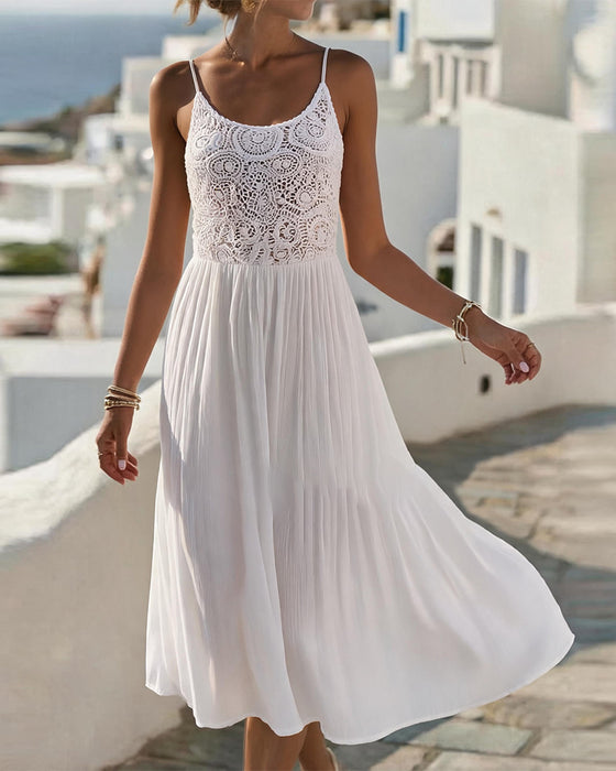 Spaghetti Strap U-Neck Sleeveless Lace Patchwork Dress