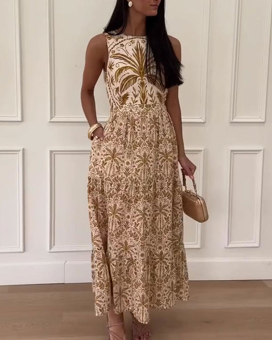 Retro Printed Sleeveless Long Dress