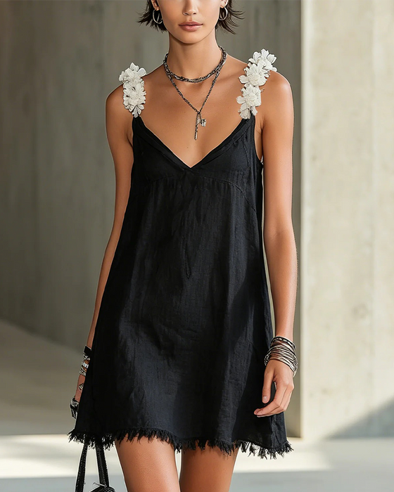 Three-Dimensional Flower V-Neck Dress