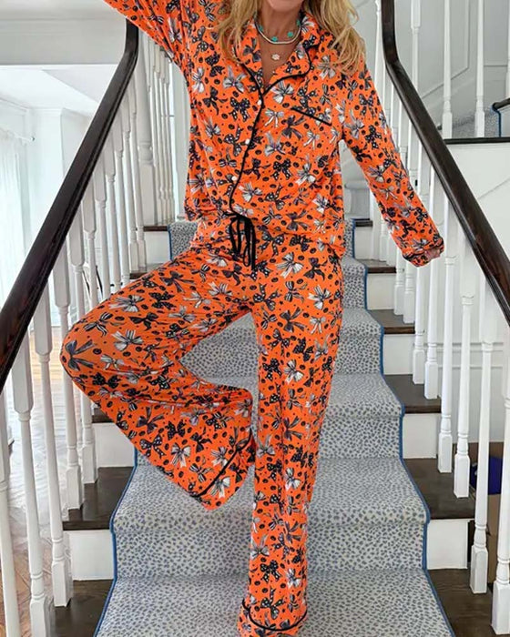 Shirt Collar Printed Button Pajama Set