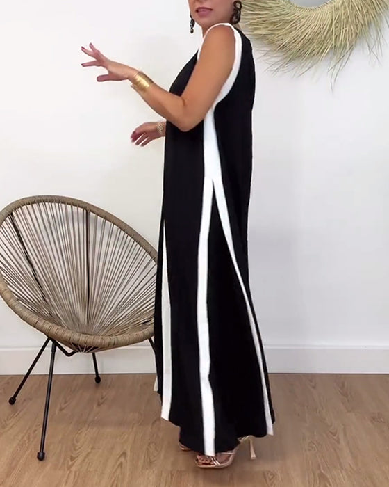 Fashionable contrasting print V-neck sleeveless dress