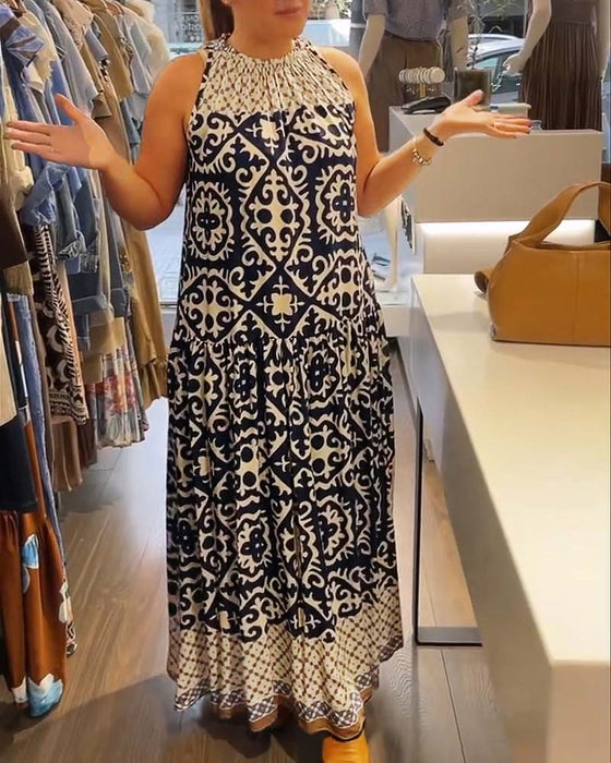 Sleeveless Crew Neck Shirred Full Skirt Dress