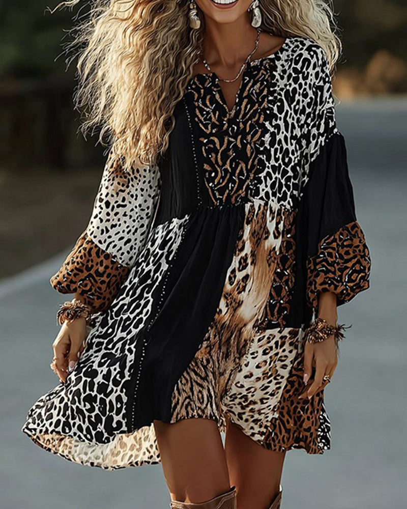 V-Neck Leopard Print Three-Quarter Sleeve Color-Block Dress