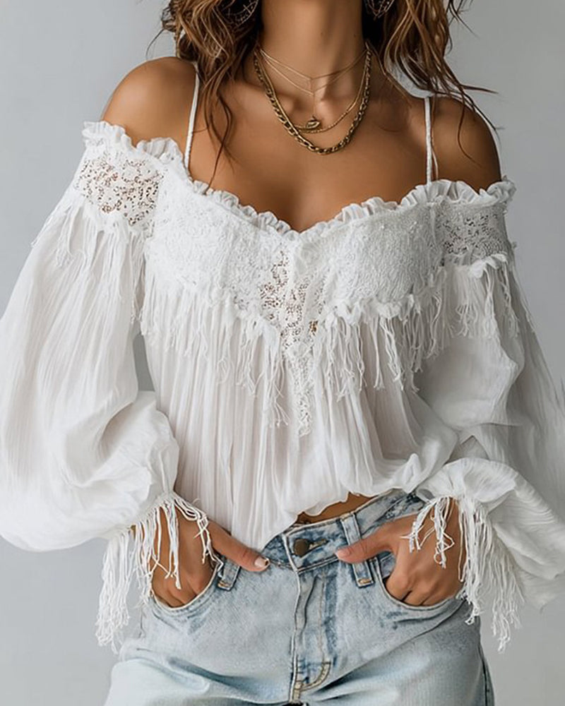 Lace And Tassel Off-The-Shoulder Camisole Top