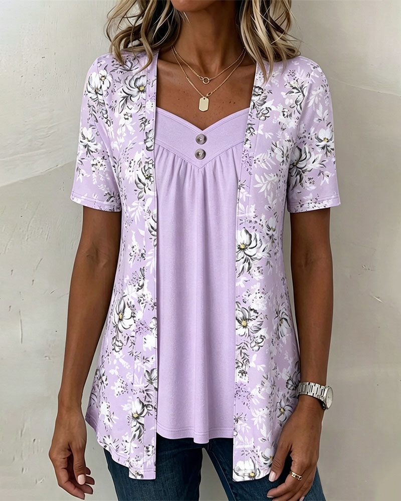 Floral Print Faux Two-Piece T-Shirt