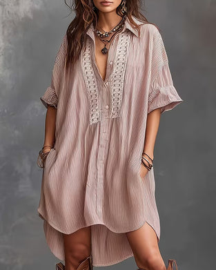 Lapel Stripe Patchwork Loose Dresses