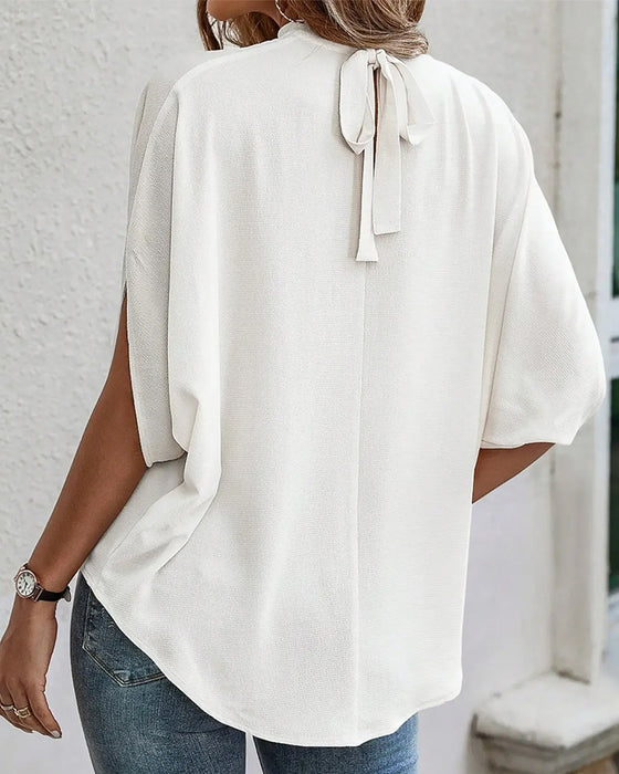Mock Neck Pleated Three-Quarter Sleeve Solid Blouse