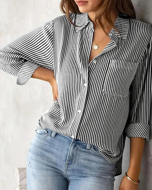 Striped Pocket Long Sleeve Loose Shirt