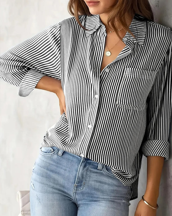 Striped Pocket Long Sleeve Loose Shirt