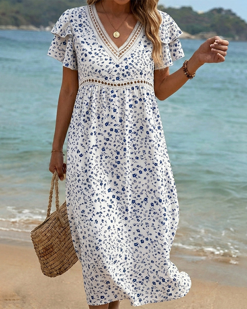 Blue White Floral Print V Neck Dress
