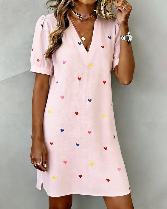 Colorful Heart Print V-Neck Dress