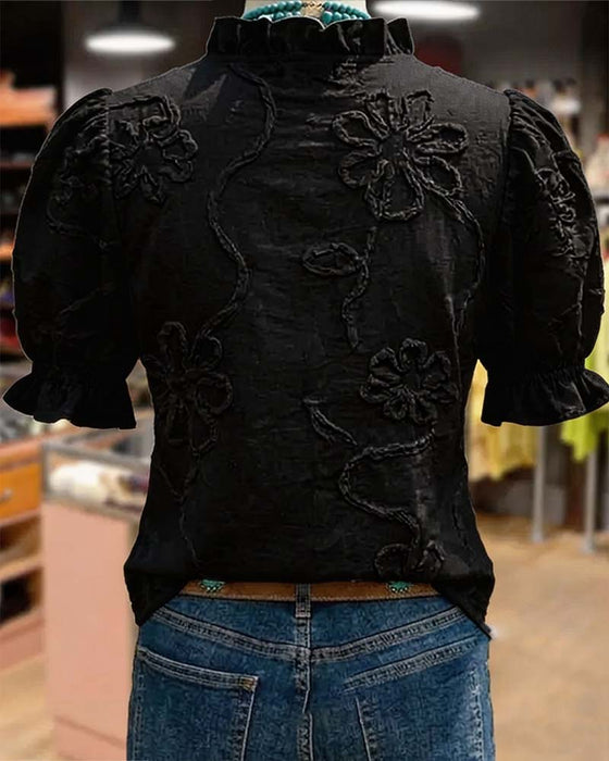 V-Neck Ruffle Trim Puff Sleeve Blouse
