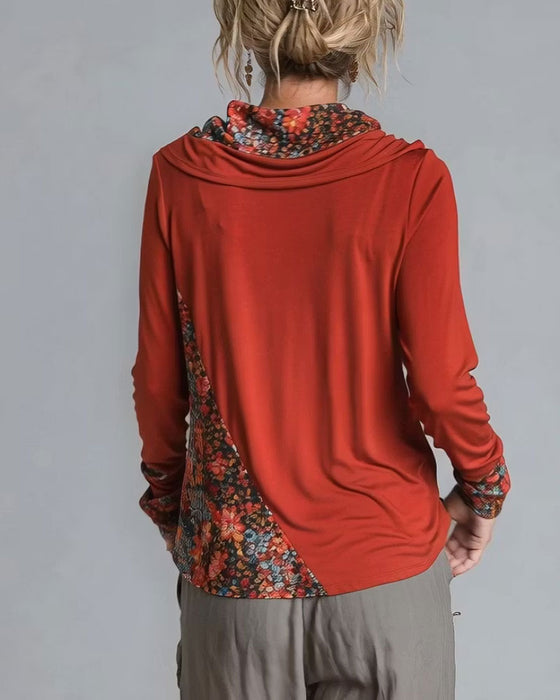 Slouchy Drape Neck Patchwork Long Sleeve Top