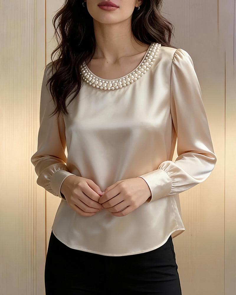 Solid Color Long-Sleeved Rhinestone Collar Shirt