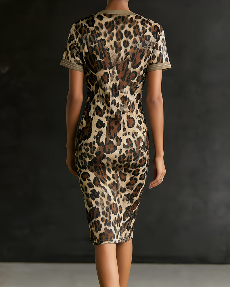 Leopard Print Patchwork V-Neck Fitted Dress