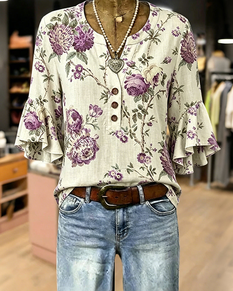 Rose Print Bell Sleeve Blouse