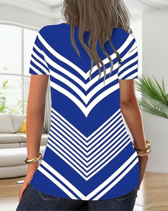 Zipper V-Neck Striped T-Shirt