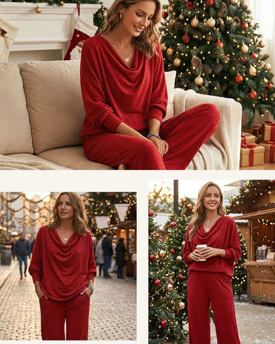 Draped Mock Neck Solid Casual Set