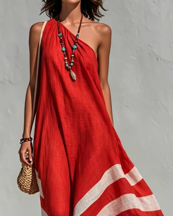 One-Shoulder Striped Color Block Full Skirt Dress