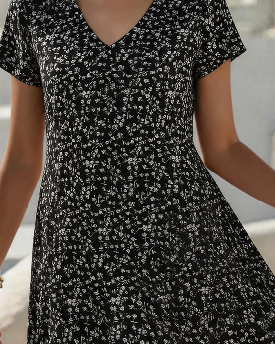 Floral V-Neck Full Skirt Dress