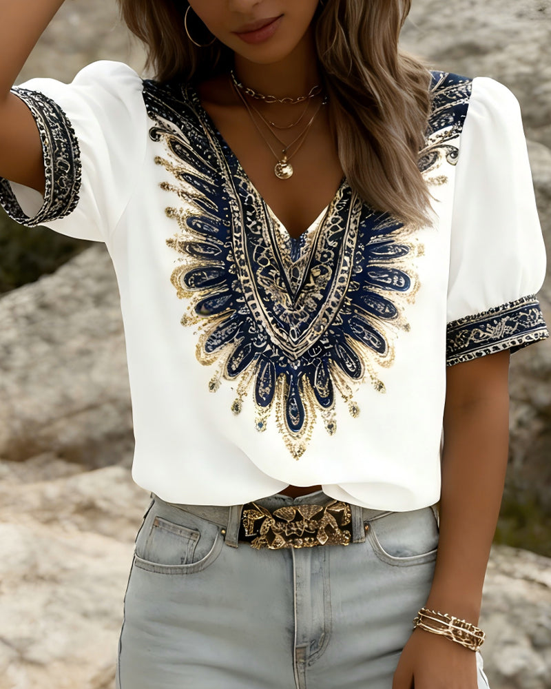 Ethnic Print Puff Sleeve Blouse
