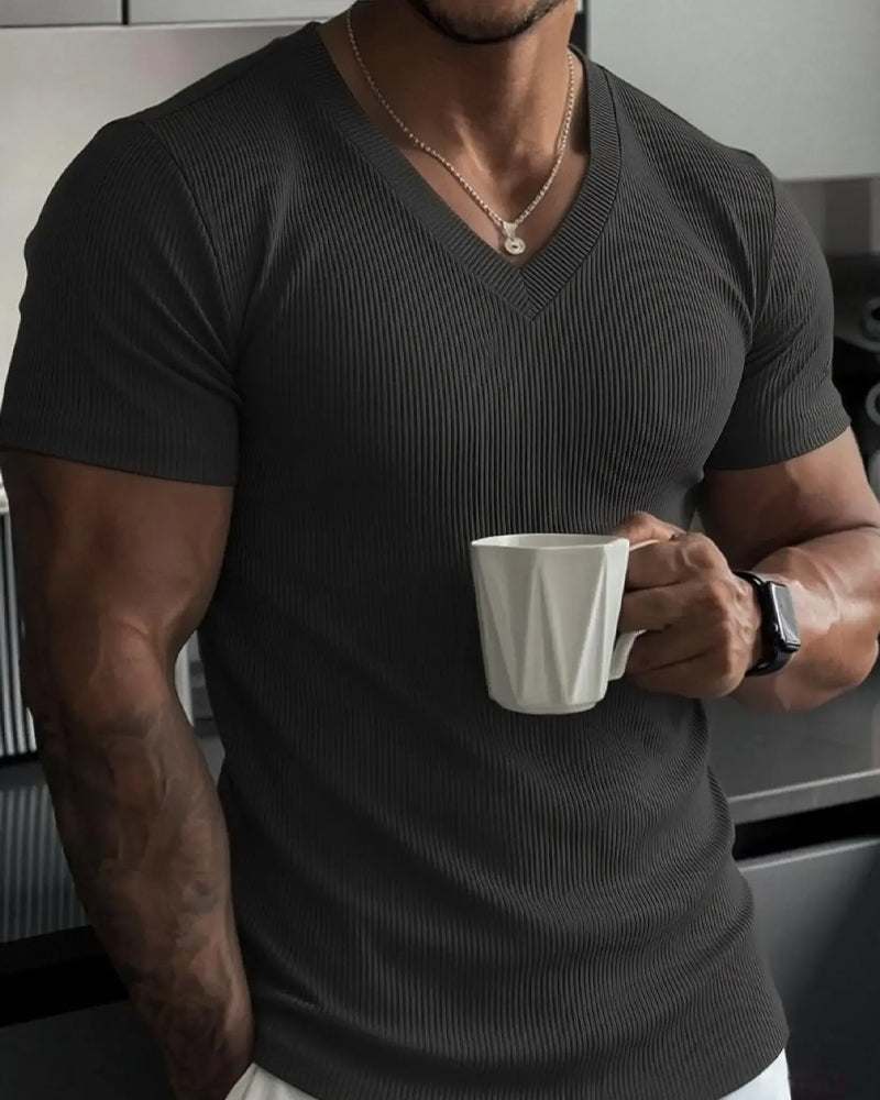 V-Neck Ribbed Solid Color Men's T-Shirt