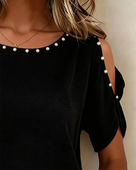 Off-Shoulder Short Sleeve Crew Neck Blouse